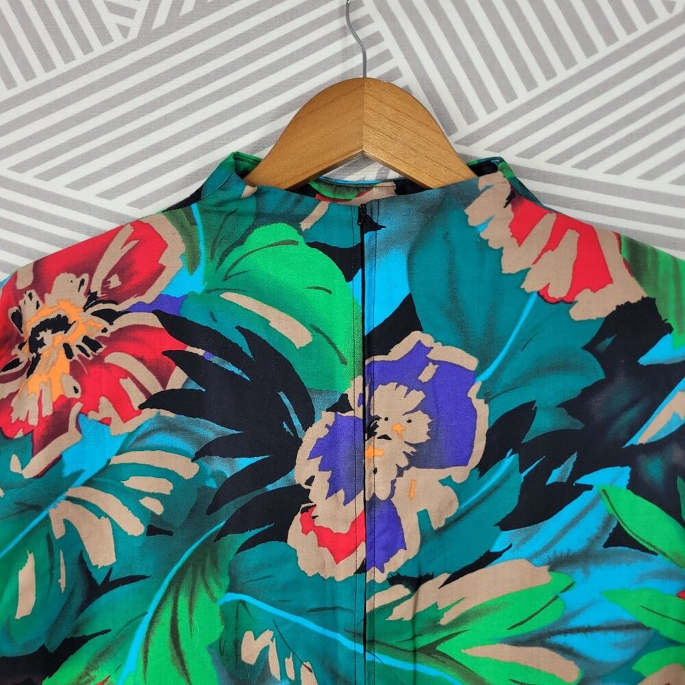 Vintage 60s Sheath Dress Sz Medium Large Floral Party Tropical Hawaiian Green - Picture 5 of 5